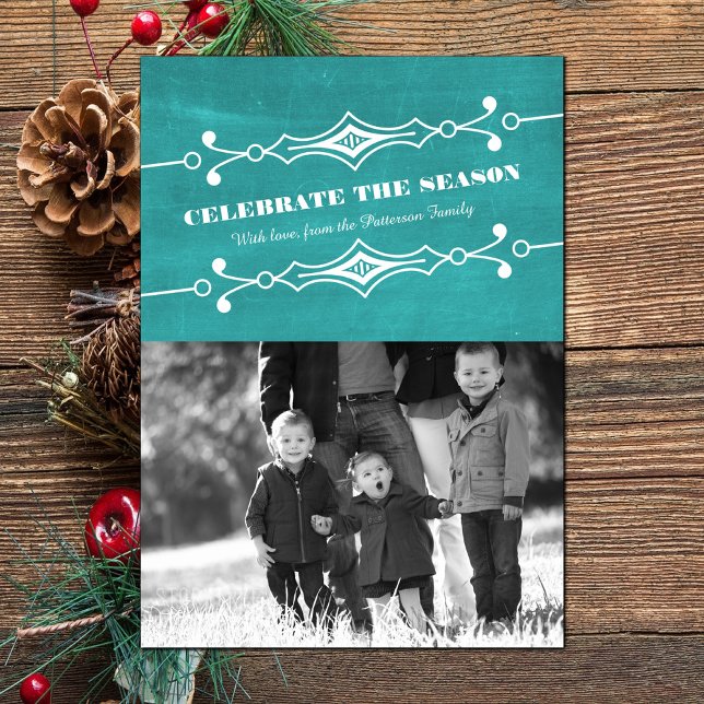 Teal Slanted Chalkboard Holiday Photo Flat Card (Teal Slanted Chalkboard Holiday Photo Card)