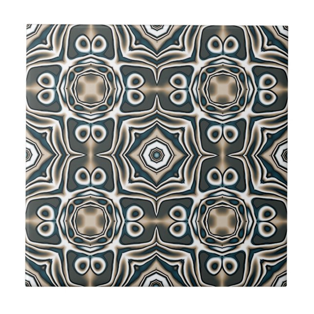 Teal Slate Blue Grey Taupe Brown Ethnic Tribe Art Ceramic Tile (Front)