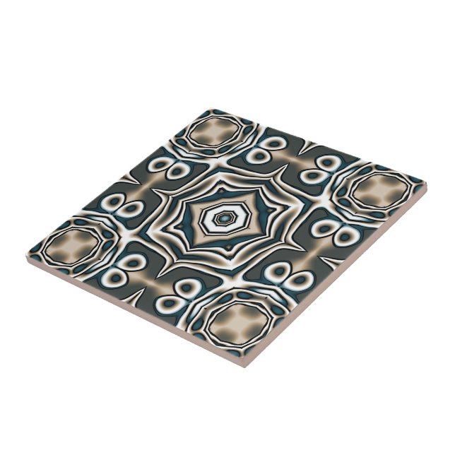 Teal Slate Blue Grey Taupe Brown Ethnic Tribe Art Ceramic Tile (Side)