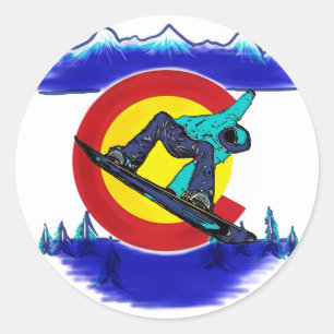 Teal snowboarder Colorado flag symbol sticker