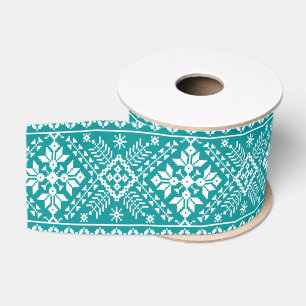 Teal Snowflake & Floral Fair Isle Christmas Grosgrain Ribbon