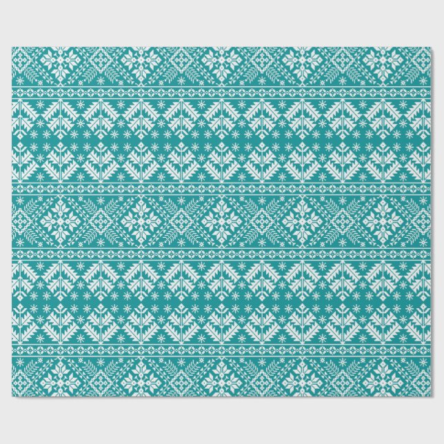 Teal Snowflake & Floral Fair Isle Christmas Wrapping Paper (Flat)