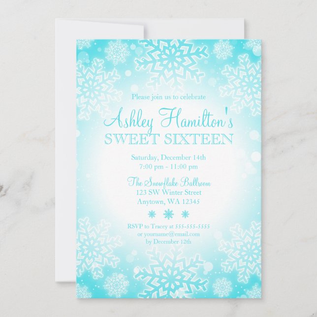 Teal Snowflake Glow Winter Wonderland Sweet 16 Invitation (Front)