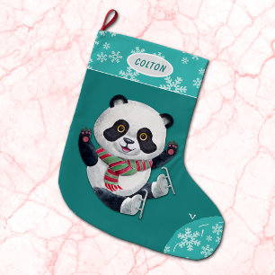 Teal Snowflake Ice Skating Panda Bear  Large Christmas Stocking