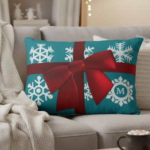 Teal Snowflake Monogram Red Bow Christmas Holiday Decorative Cushion