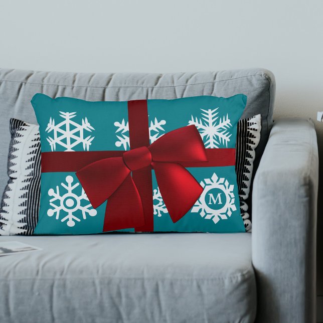 Teal Snowflake Monogram Red Bow Christmas Holiday Decorative Cushion (A festive accent pillow with a faux red bow, snowflakes and space for your initial)