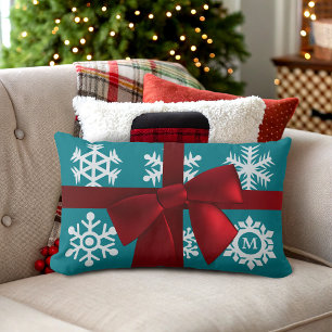Teal Snowflake Monogram Red Bow Lumbar Pillow
