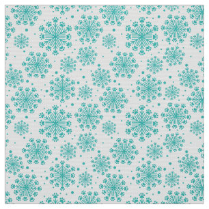Teal Snowflake on white with paw print pattern Fabric