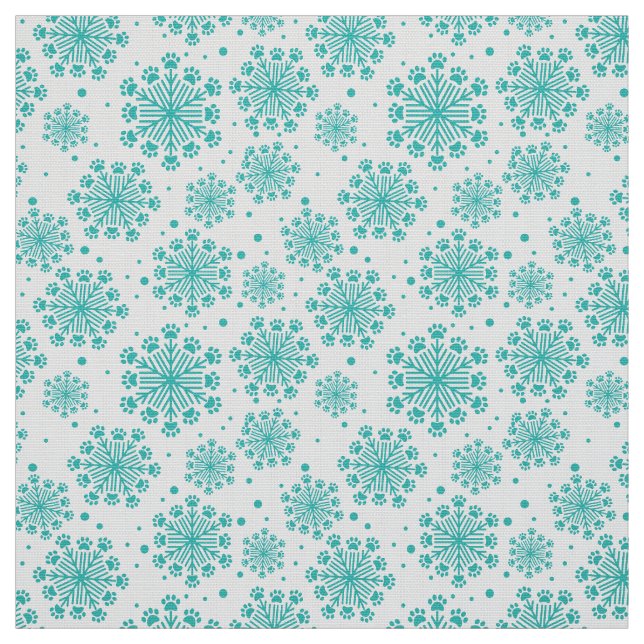 Teal Snowflake on white with paw print pattern Fabric (Swatch)