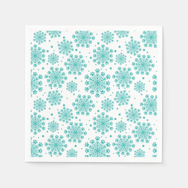 Teal  Snowflake on white with paw print pattern Napkin (Front)