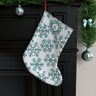 Teal Snowflake Pattern Monogrammed Large Christmas Stocking