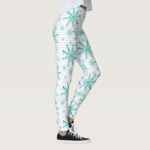 Teal Snowflakes on Silver Dots Leggings