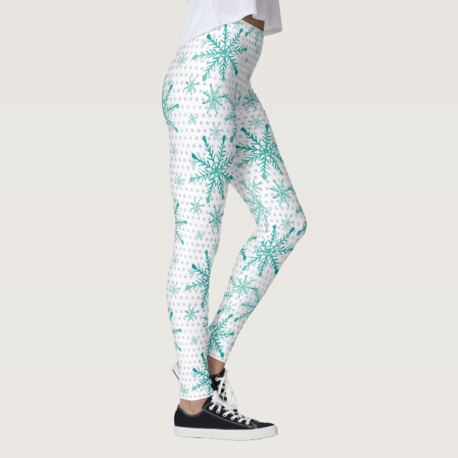 Teal Snowflakes on Silver Dots Leggings (Right)