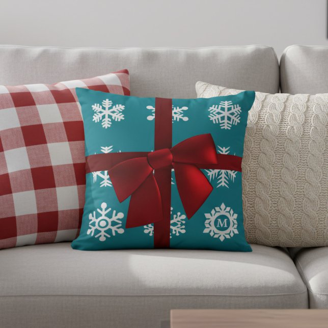 Teal Snowflakes Red Bow Christmas Throw Pillow (Ho Ho Ho! Add your initial to this festive teal and red Christmas throw pillow)