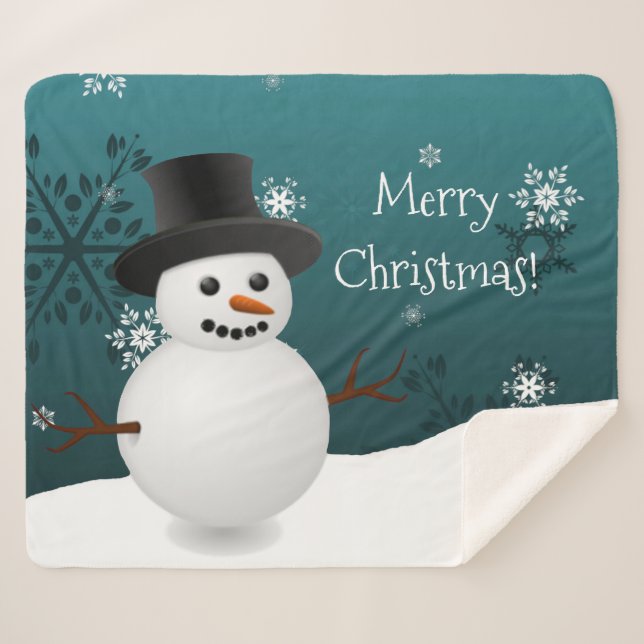 Teal Snowman Winter Christmas Sherpa Blanket (Front (Horizontal))