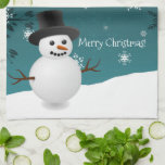 Teal Snowman Winter Scene Christmas Kitchen Towel<br><div class="desc">Add a holiday touch to your kitchen with this whimsical Teal Snowman Winter Scenery Christmas Kitchen Towel. Towel design features a happy snowman in a snowy wintry scene against a teal background adorned with matching colour snowflakes. Additional gift and holiday items available with this design as well.</div>