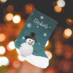 Teal Snowman Winter Scene Christmas Stocking<br><div class="desc">Add a whimsical touch to your mantle this holiday season with a personalised Teal Snowman Winter Scene Christmas Stocking. Stocking design features a happy snowman in a snowy wintry scene against a teal background adorned with matching colour snowflakes. Additional gift and holiday items available with this design as well.</div>