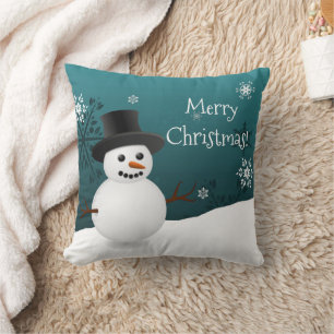 Teal Snowman Winter Scene Christmas Throw Pillow