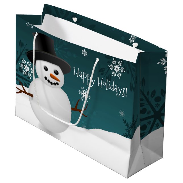 Teal Snowman Winter Scenery Christmas Gift Bag (Front Angled)