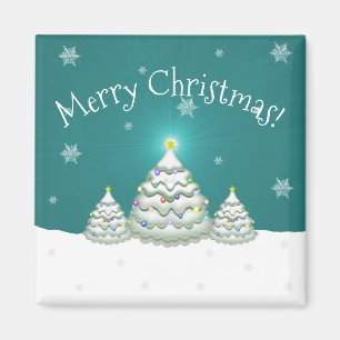 Teal Snowy Christmas Tree Magnet