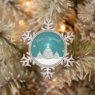 Teal Snowy Christmas Tree Snowflake Ornament
