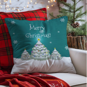 Teal Snowy Christmas Tree Throw Pillow