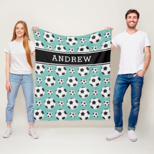 Teal Soccer Balls Pattern Kid Boy Girl Player Name Fleece Blanket