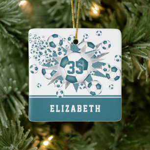 teal soccer balls stars girls personalised  ceramic ornament