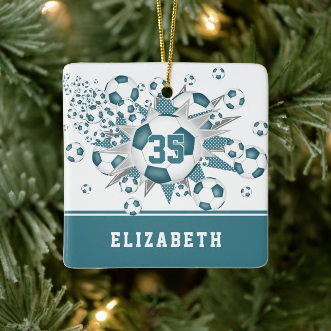 teal soccer balls stars girls personalised  ceramic ornament (Tree)