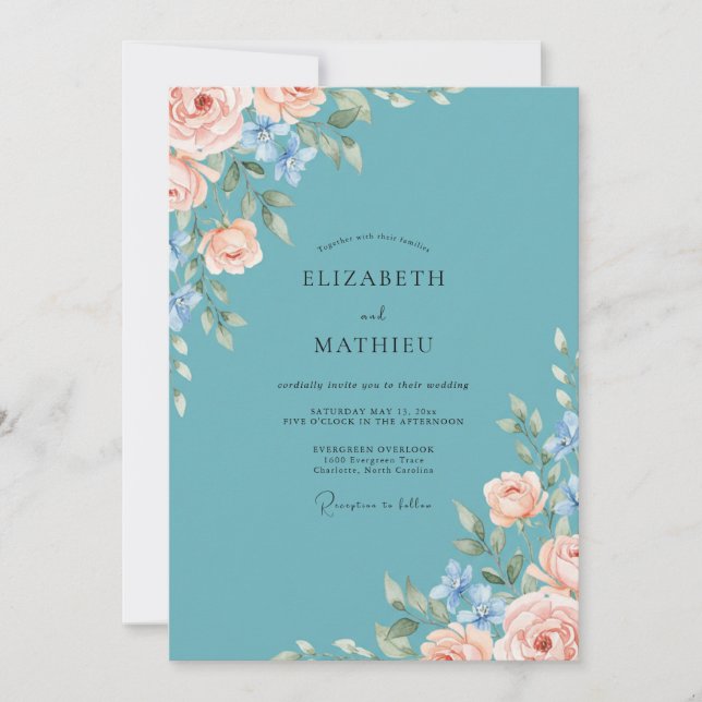 Teal Soft Blossom Romance Wedding Invitation (Front)