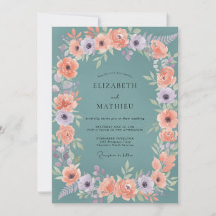 Teal Soft Floral Wreath Wedding Invitation