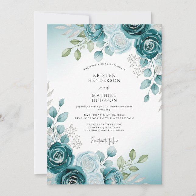 Teal Soft Watercolor Botanical Wedding Invitation (Front)