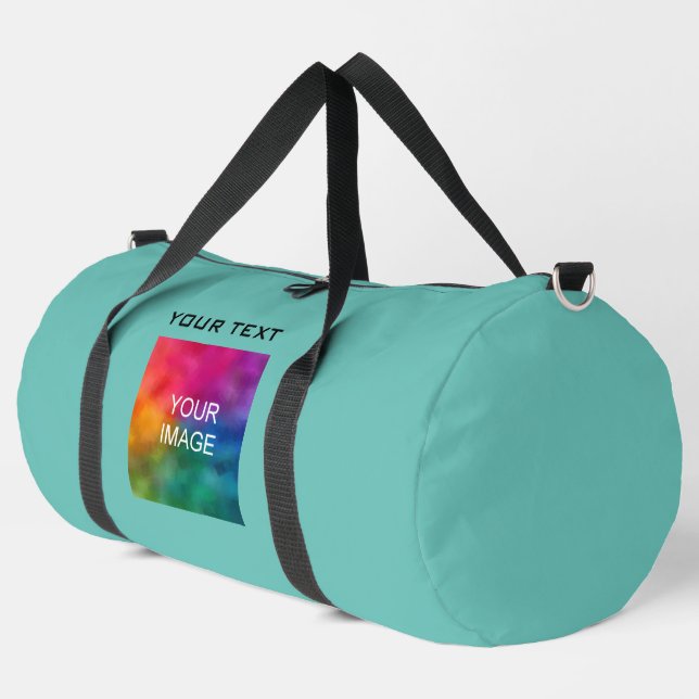Teal Solid Colour Photo Text Custom Template Large Duffle Bag (Left Corner)