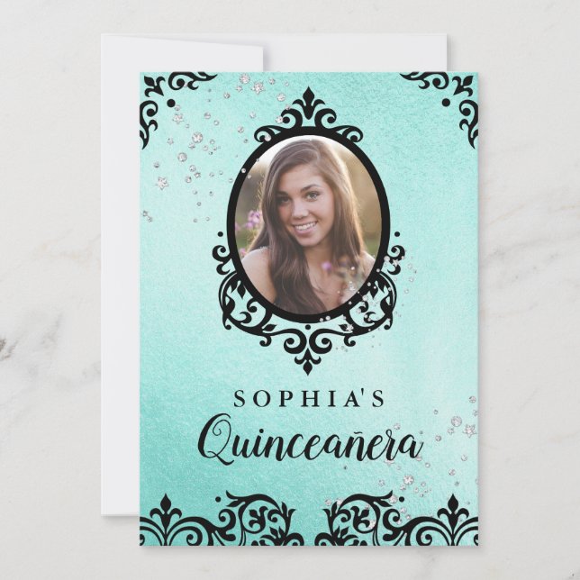 Teal Sparkle Damask Photo Quinceanera Invitation (Front)