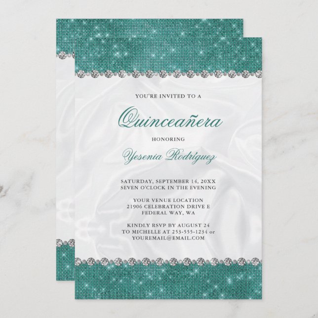 Teal Sparkle Glitter Glam Diamond Quinceañera Invitation (Front/Back)