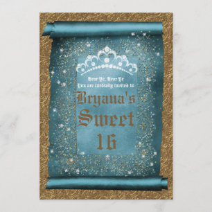 Teal Sparkle & Gold Diamond Tiara Scroll Party Invitation