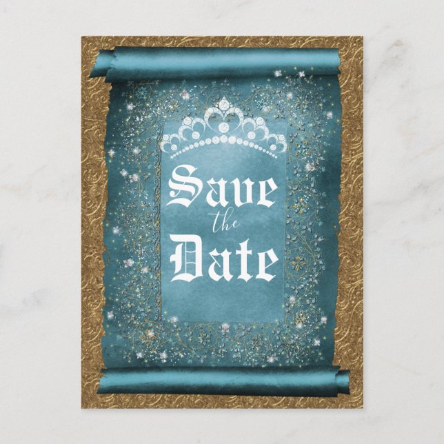 Teal Sparkle Gold Diamond Tiara Scroll Save Date Announcement Postcard (Front)