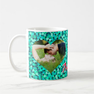 Teal Sparkle Heart Shape Photo Coffee Mug