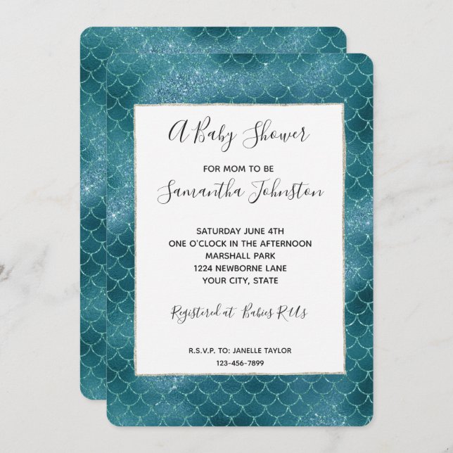 Teal Sparkle Mermaid Baby Shower Invitation (Front/Back)