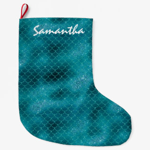 Teal Sparkle Mermaid personalised Large Christmas Stocking