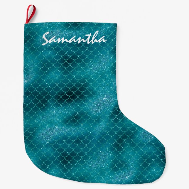 Teal Sparkle Mermaid personalised Large Christmas Stocking (Front)