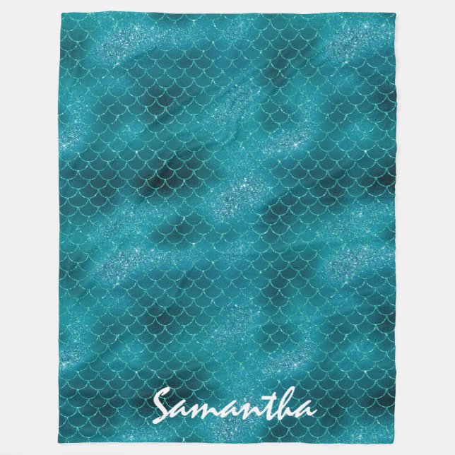 Teal Sparkle Mermaid personalized Fleece Blanket (Front)