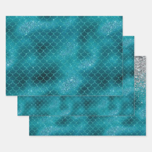 Teal Sparkle Mermaid Wrapping Paper Sheet