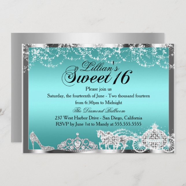 Teal Sparkle Princess Theme Sweet 16 Invite (Front/Back)