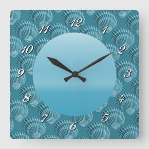 Teal Sparkle Seashell Square Wall Clock