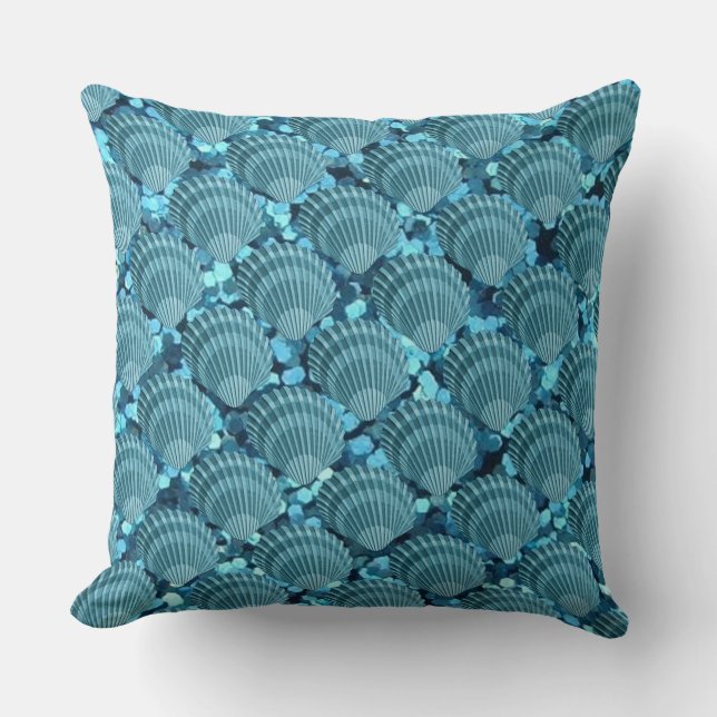 Teal Sparkle Seashell Throw Pillow (Front)