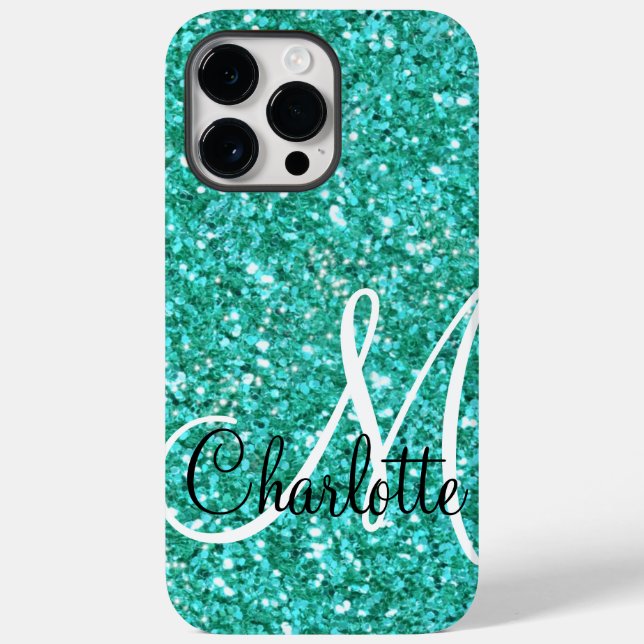 Teal  sparkling glitter monogrammed    Case-Mate iPhone case (Back)