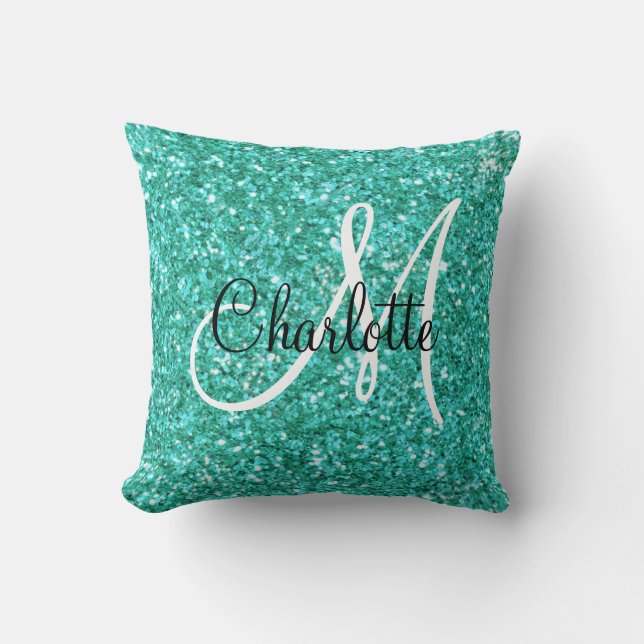 Teal  sparkling glitter monogrammed      cushion (Front)
