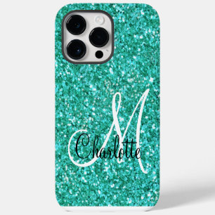 Teal sparkling glitter monogrammed iPhone 14 pro max case