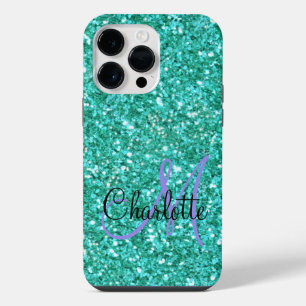 Teal sparkling glitter monogrammed iPhone 14 pro max case